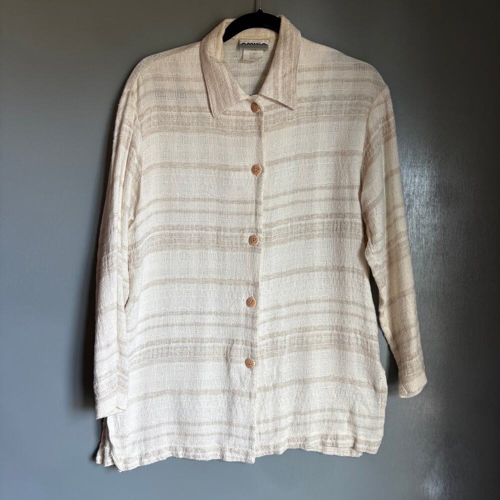 Vintage AMICA Women's SMALL Cream Flax Blend Hippie Boho Long Sleeve Blouse